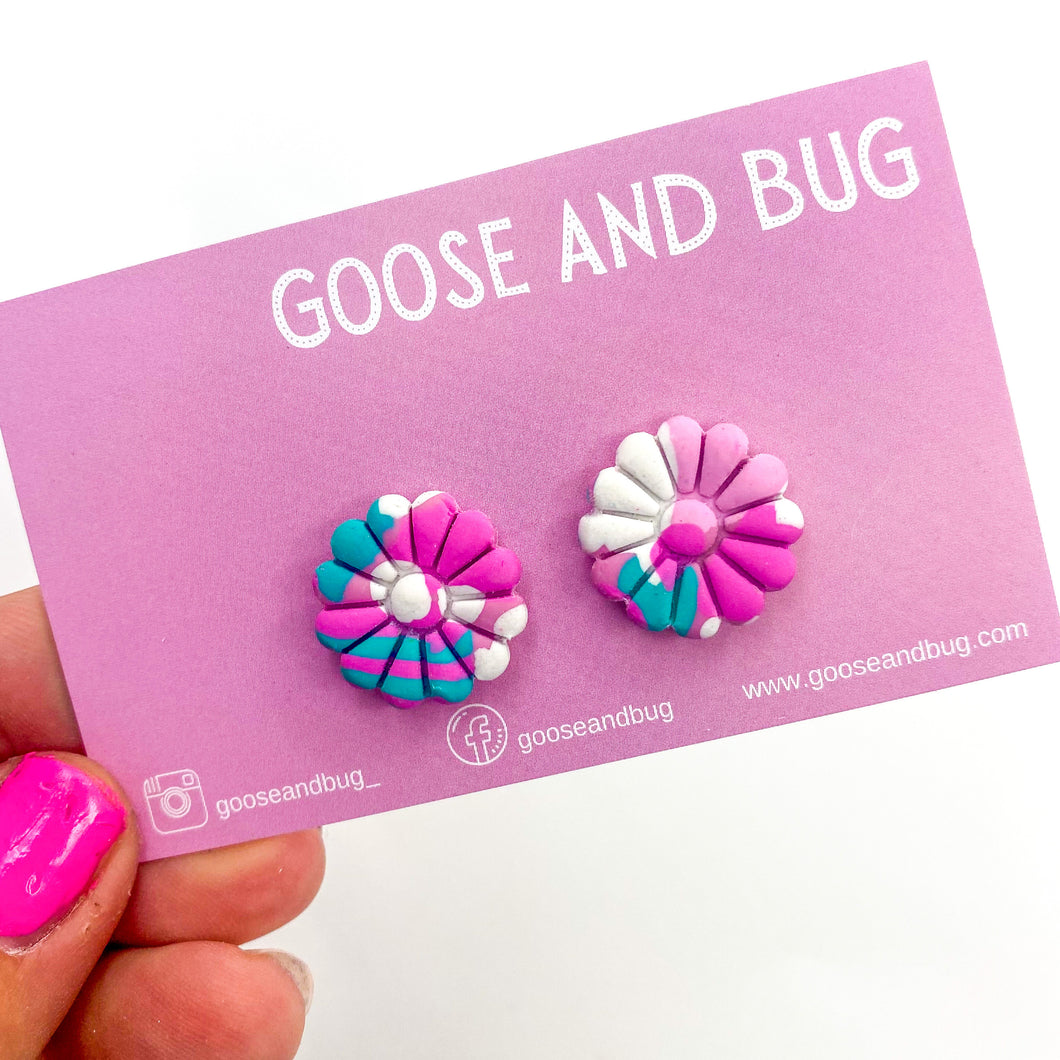Petal Flower Studs - Pink, Green and White