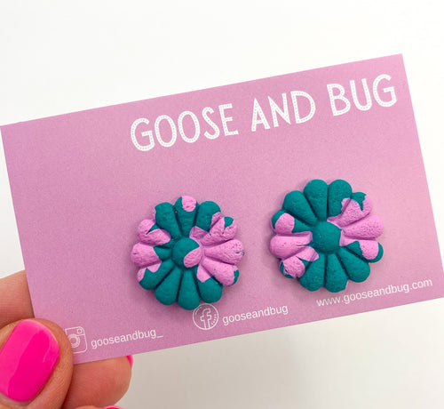 Petal Flower Studs - Green and Pink